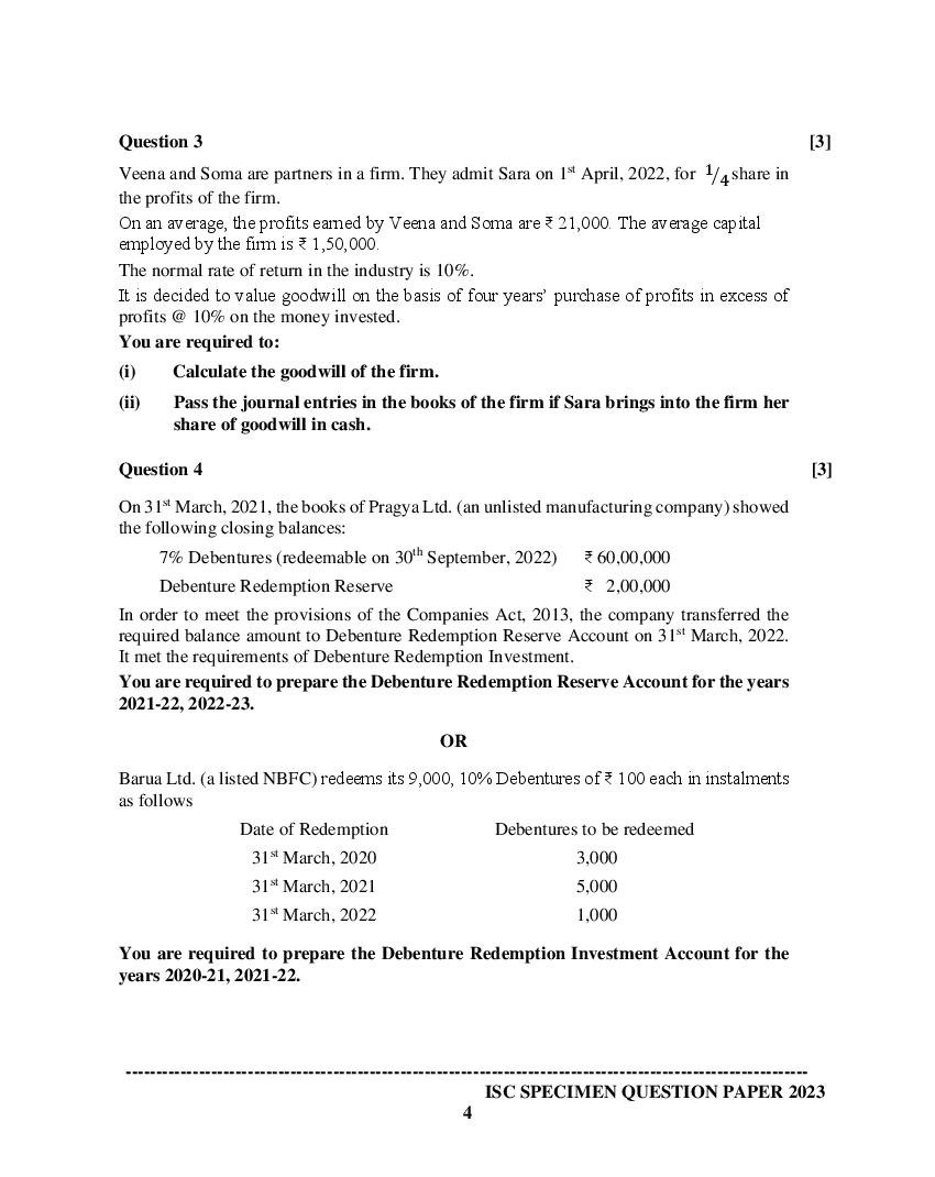 ISC Accounts Specimen Paper 2024 PDF CISCE Class 12 Accounts Sample