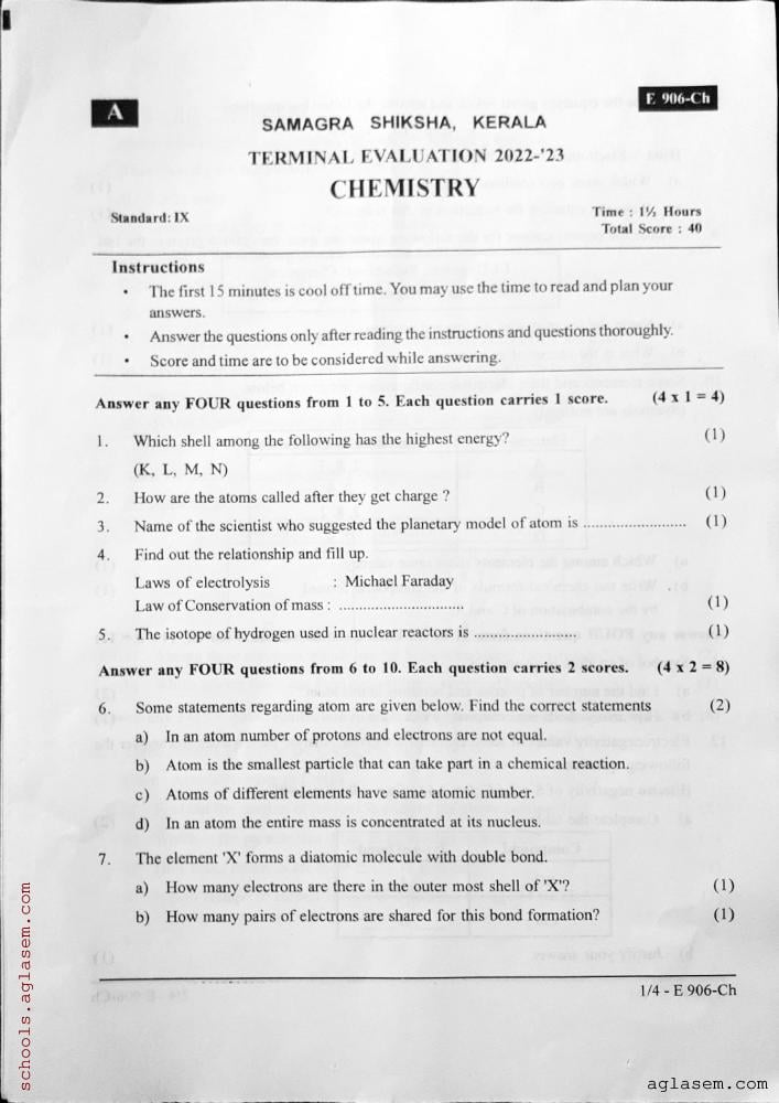 Class Chemistry Onam Exam Question Paper Pdf Kerala Std