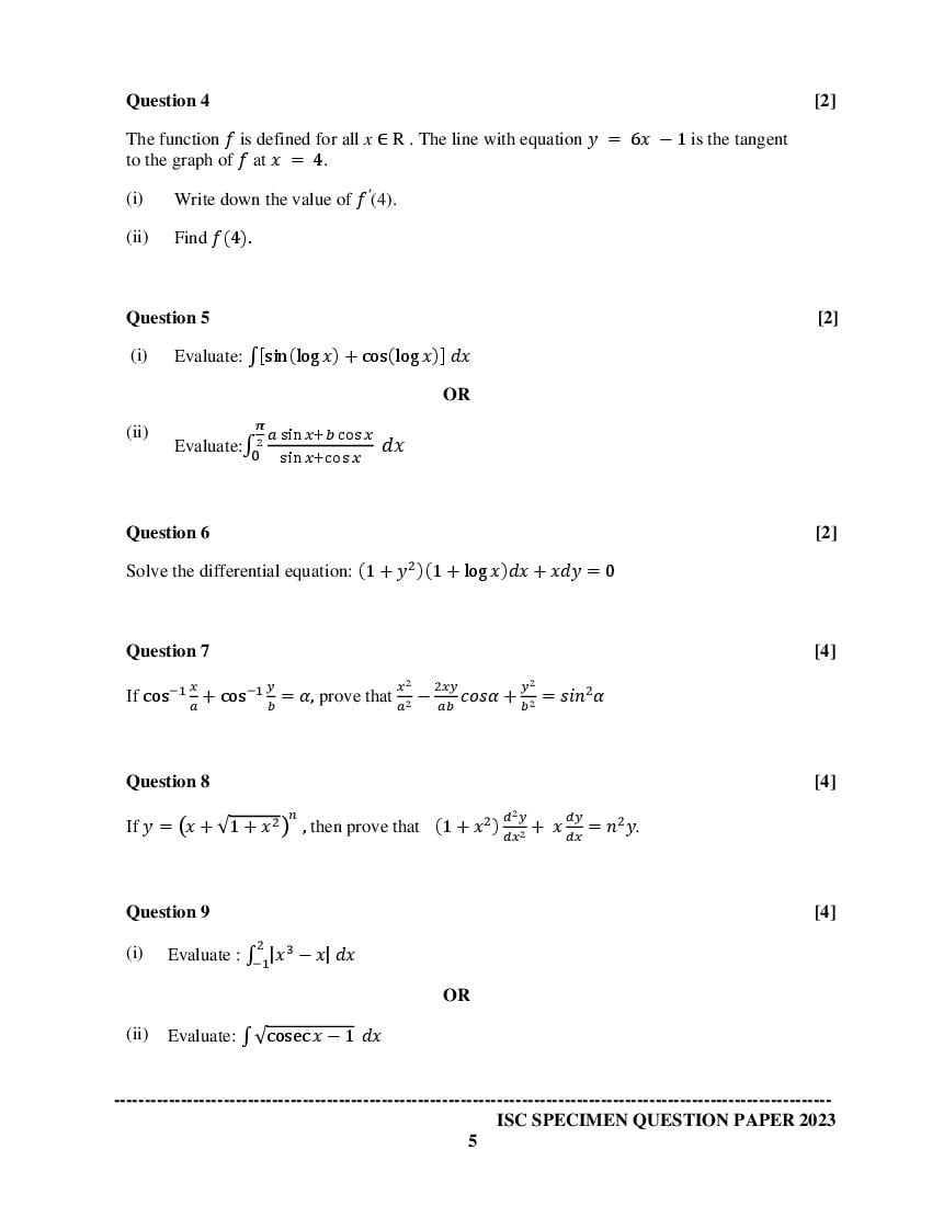 ISC Class 12 Maths Specimen Paper 2024 All Book Solutions