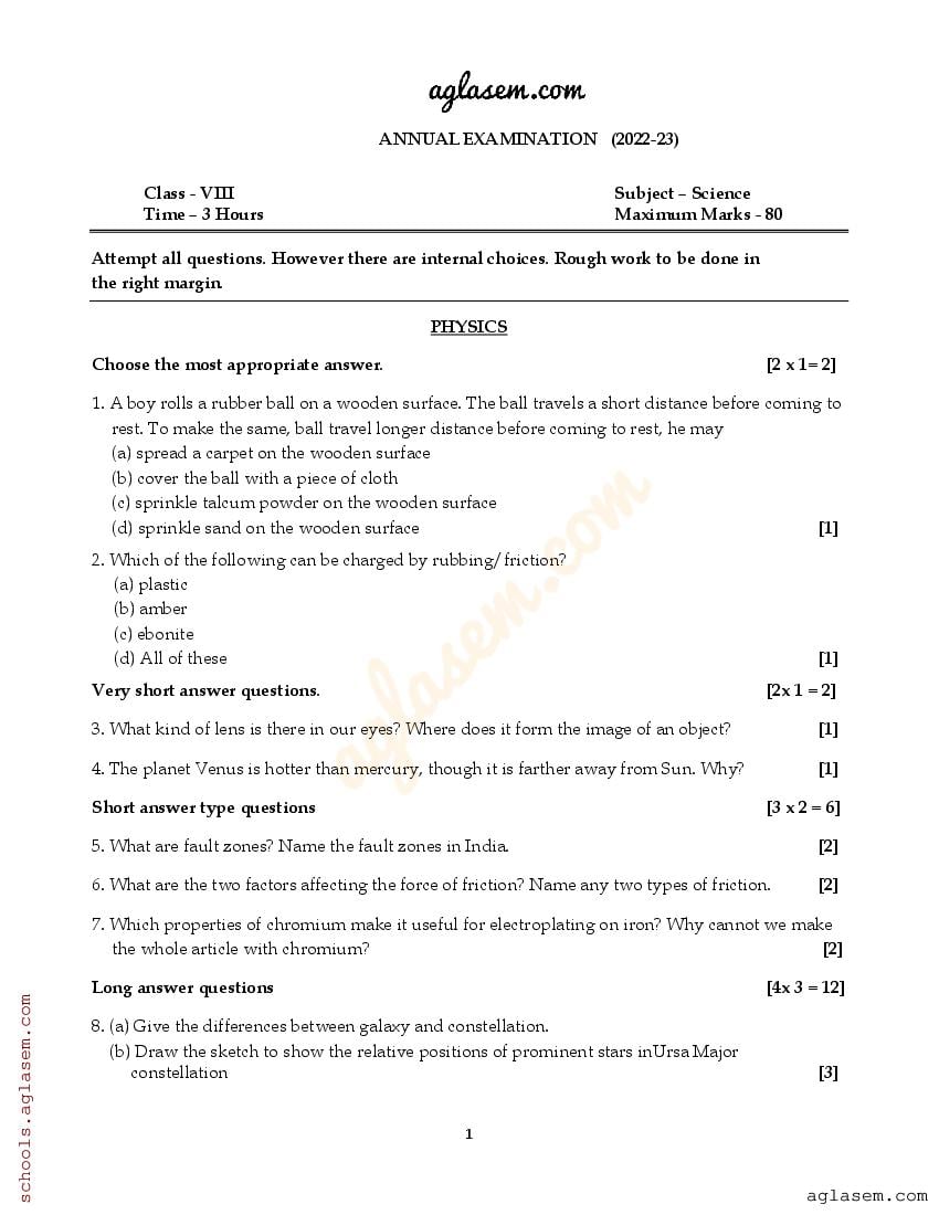 Class 8 Science Question Paper 2023 PDF 8th Annual Exam Science