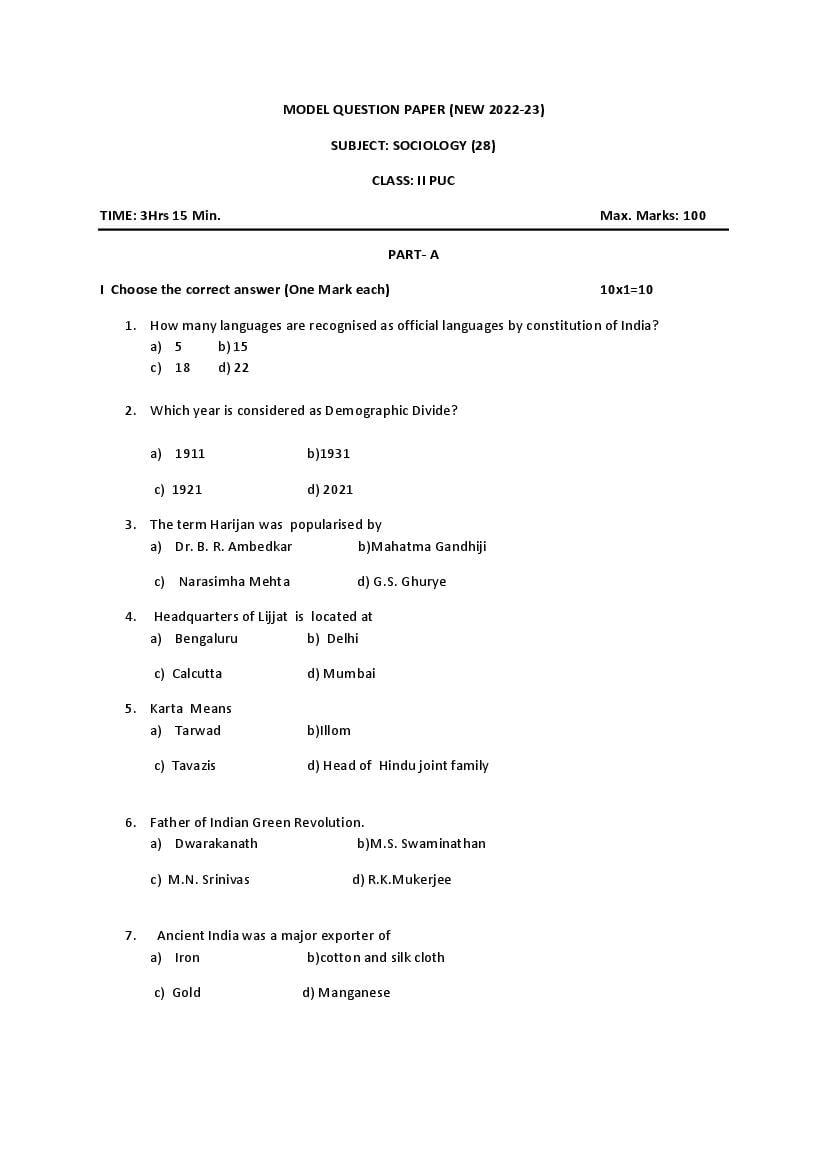 Karnataka 2nd PUC Sociology Model Question Paper 2023 PDF