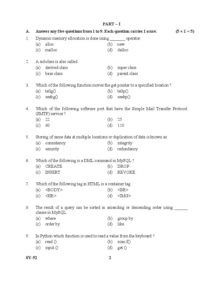 Kerala Plus Two Computer Science And Information Technology Question