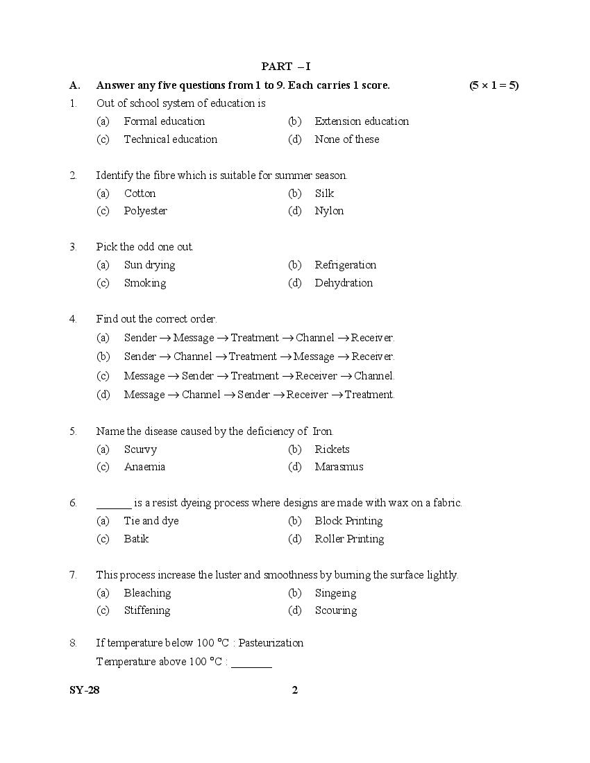 Kerala Plus Two Home Science Question Paper Pdf