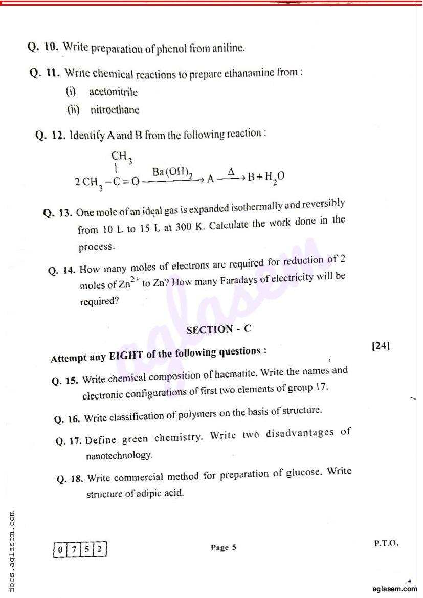 Class 12 Chemistry Sample Paper 2024 Maharashtra Board PDF Maha HSC