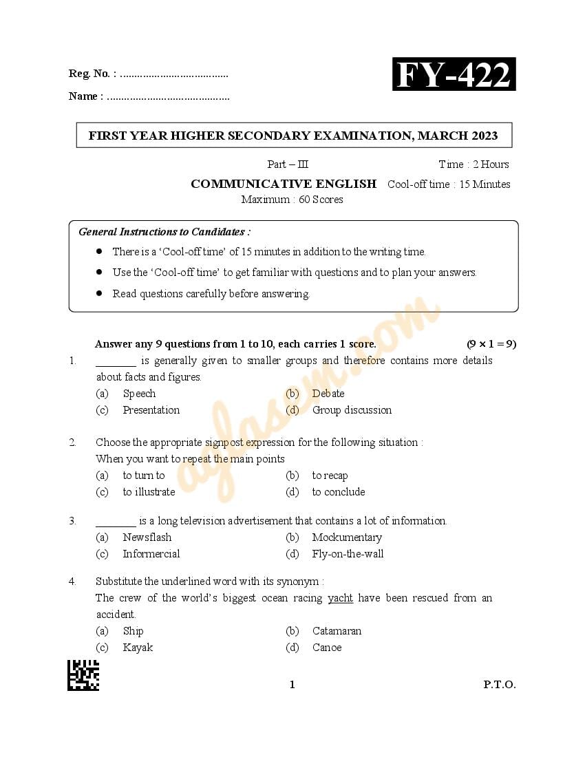 Kerala Plus One English Communicative Question Paper Pdf