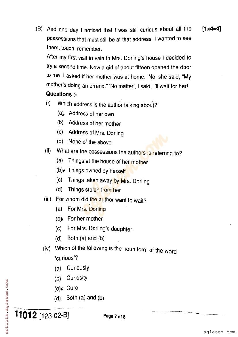 Mp Board Class English Question Paper Pdf Aglasem