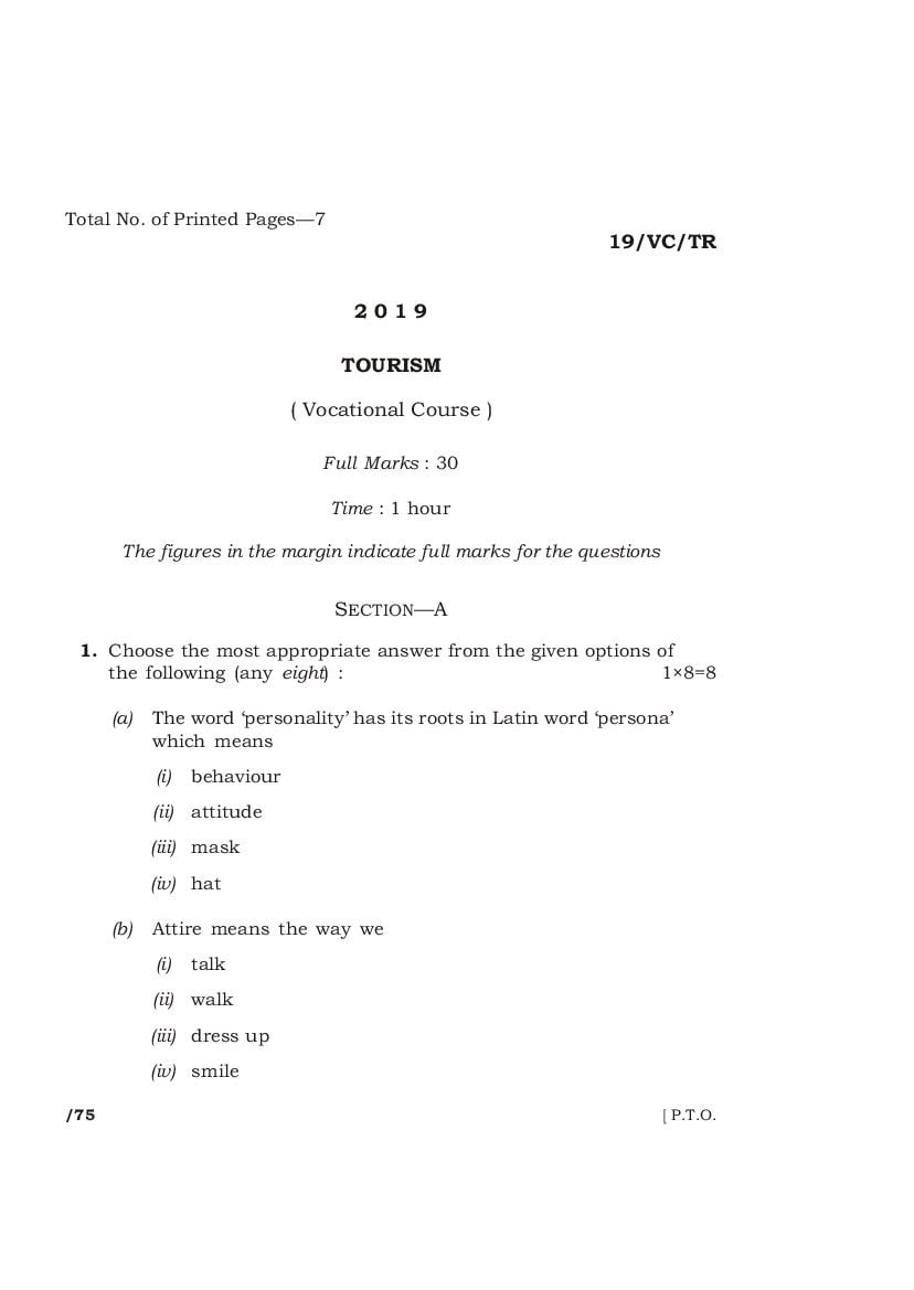 MBOSE Class 12 Question Paper 2019 For Tourism