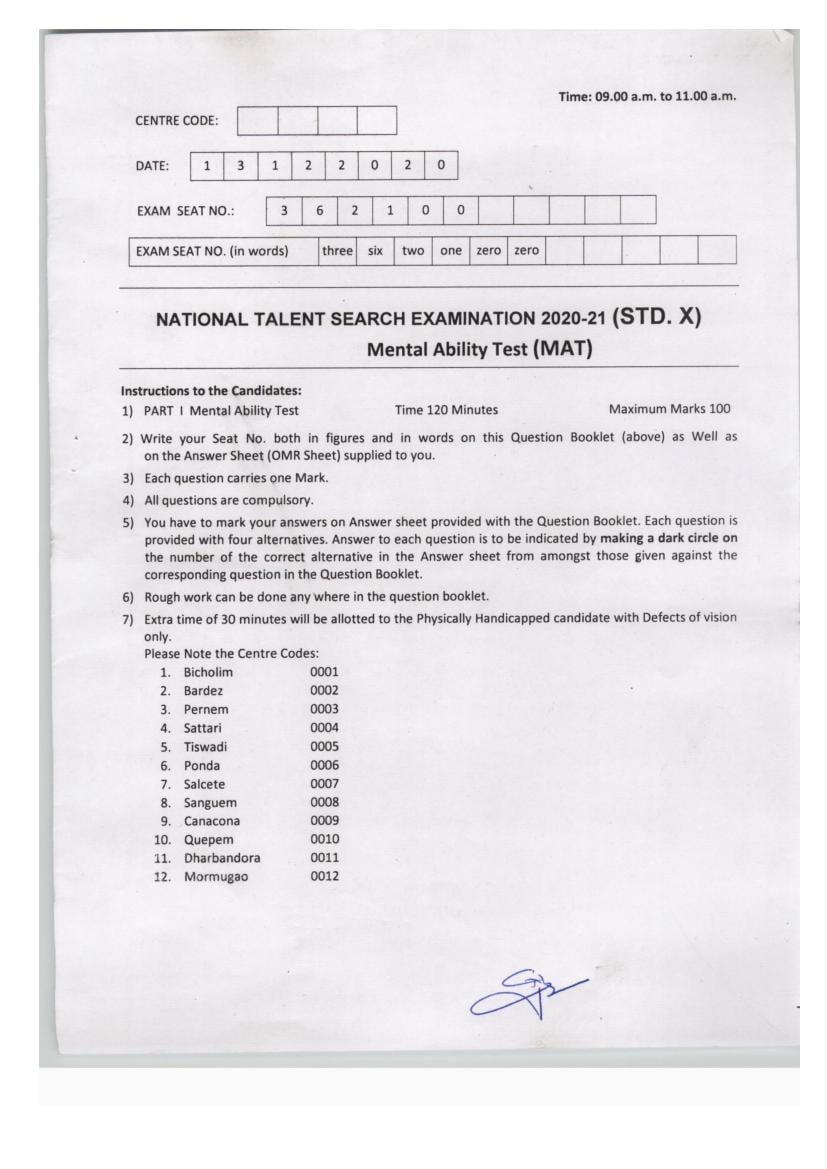 Goa Ntse Question Paper With Answer Key Mat