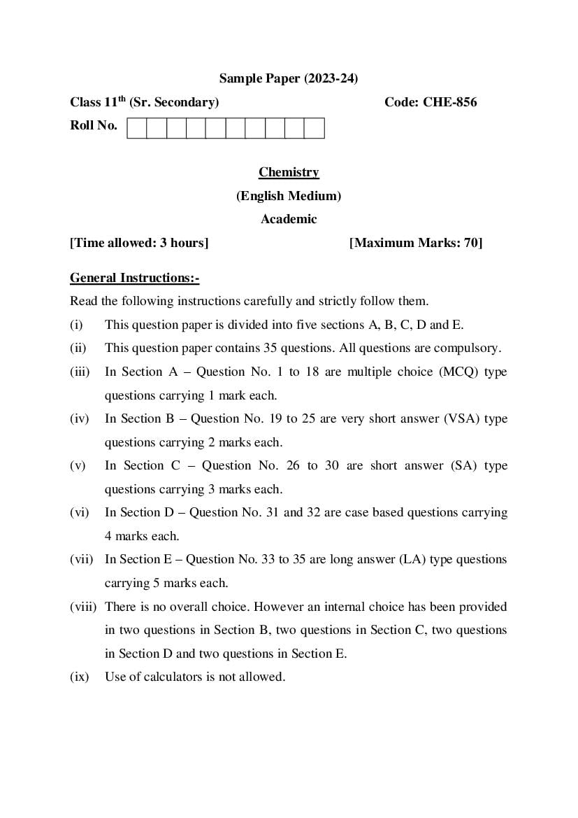 Hbse Class Chemistry Sample Paper Pdf Hbse Th Model Paper