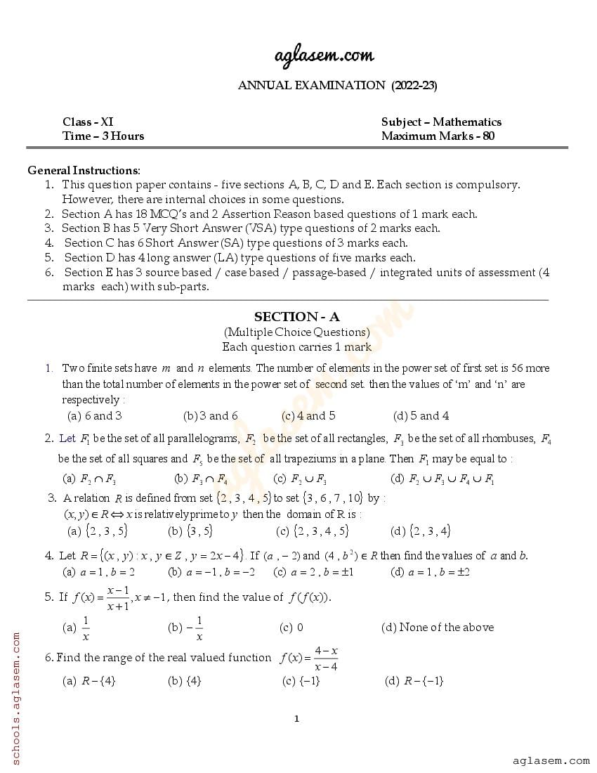 Class 11 Maths Question Paper 2023 PDF 11th Annual Exam Maths