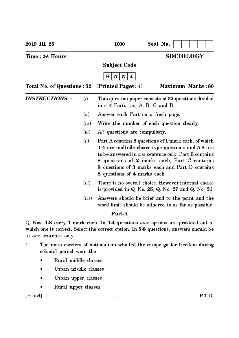 Goa Board Class 12 Question Paper Mar 2019 Sociology - Page 1
