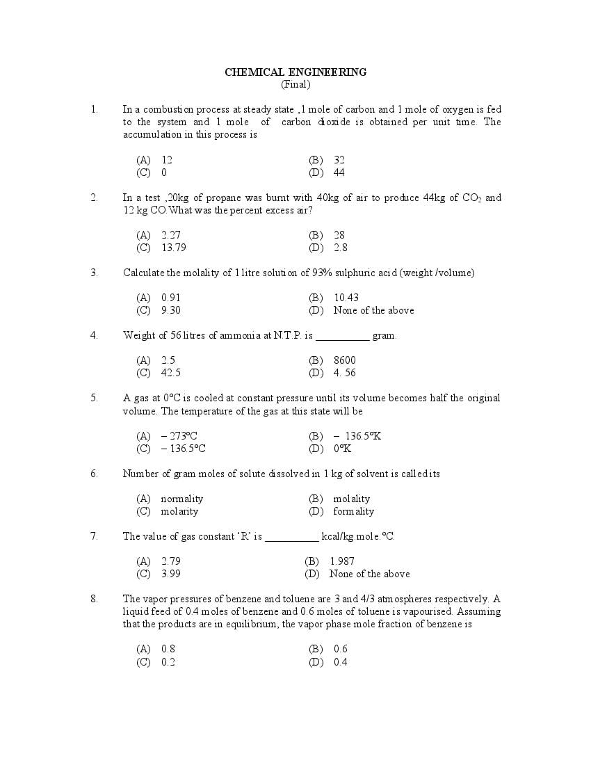 CUSAT CAT 2017 Question Paper Chemical Engineering - Page 1