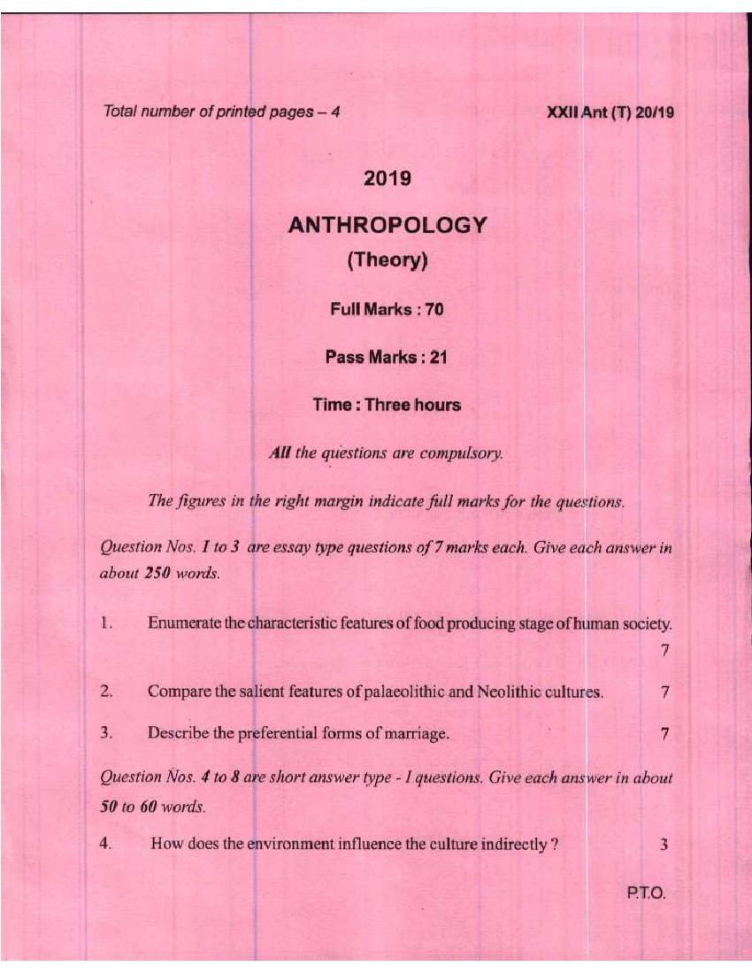 Manipur Board Class 12 Question Paper 2019 for Anthropology - Page 1
