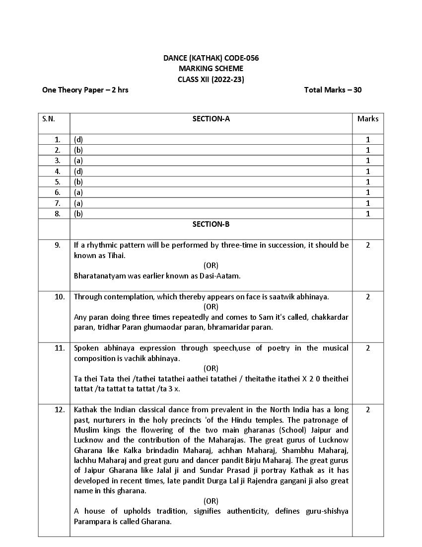 CBSE Class 12 Sample Paper 2023 Solution Kathak - Page 1