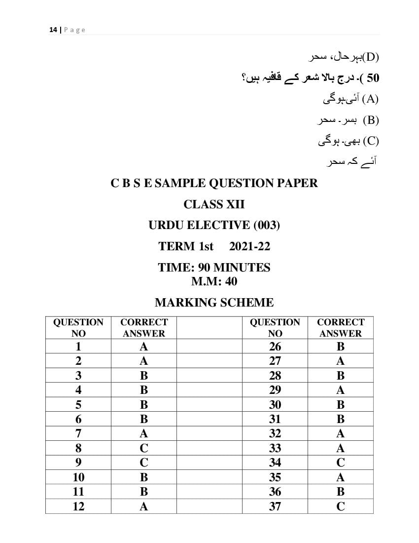 CBSE Class 12 Marking Scheme 2022 for Urdu Elective - Page 1