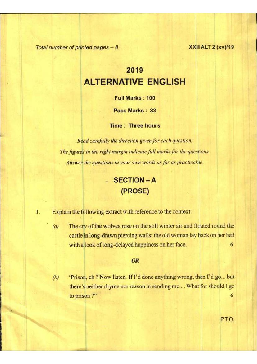 Manipur Board Class 12 Question Paper 2019 for English Alternative - Page 1