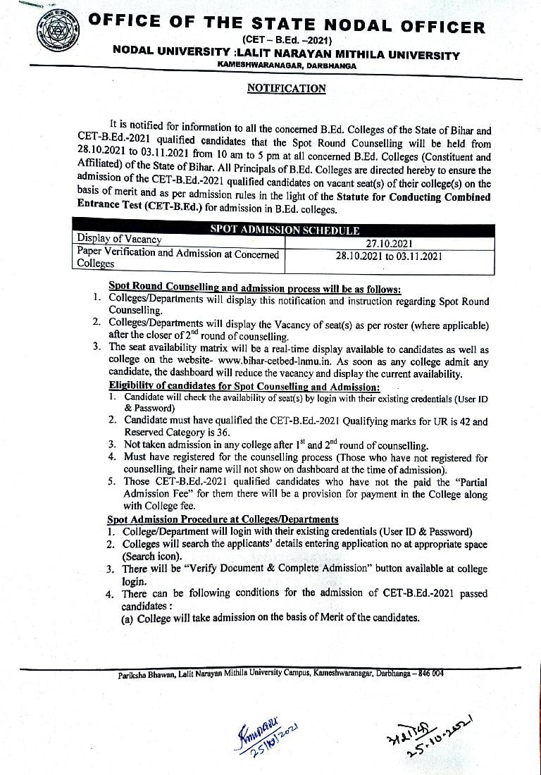 Bihar CET B.Ed 2021 Spot Round Counselling Notification