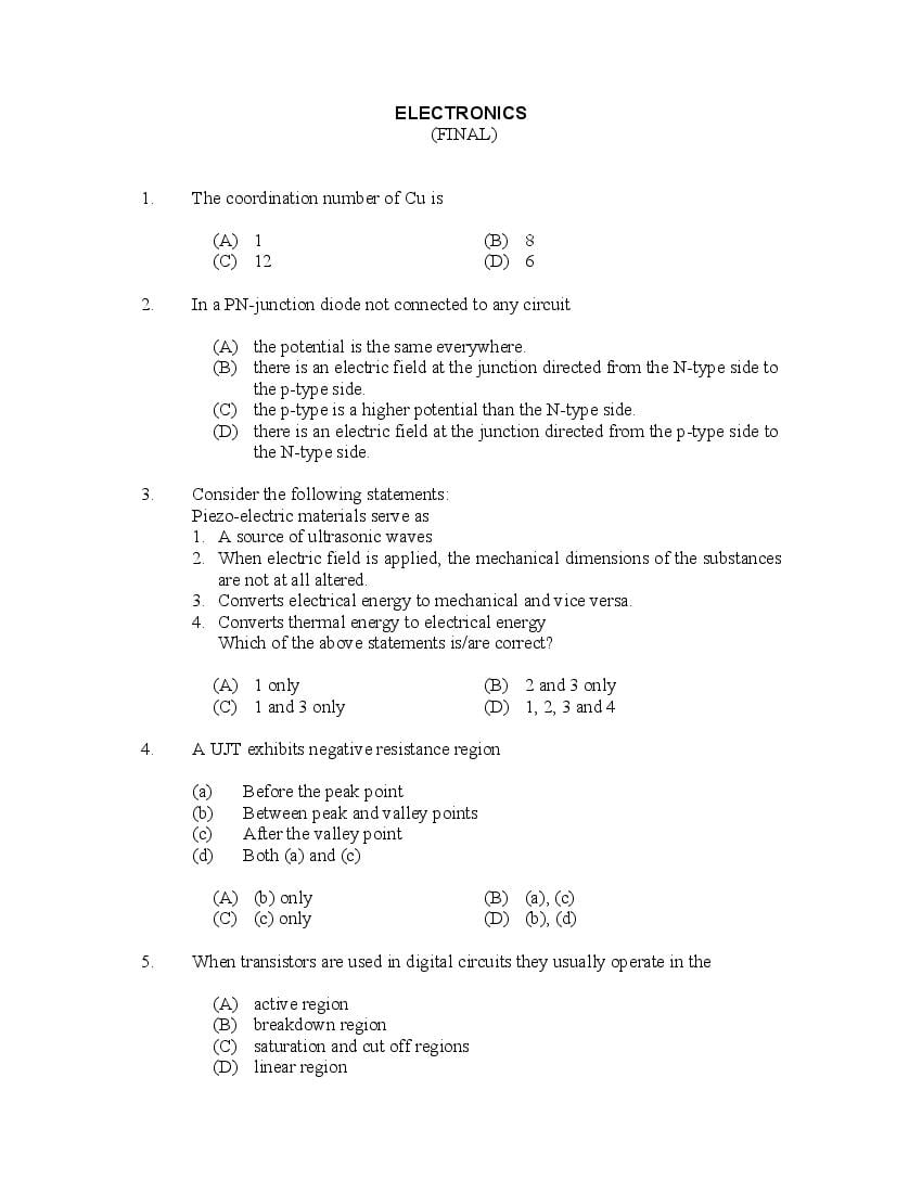 CUSAT CAT 2017 Question Paper Electronics - Page 1