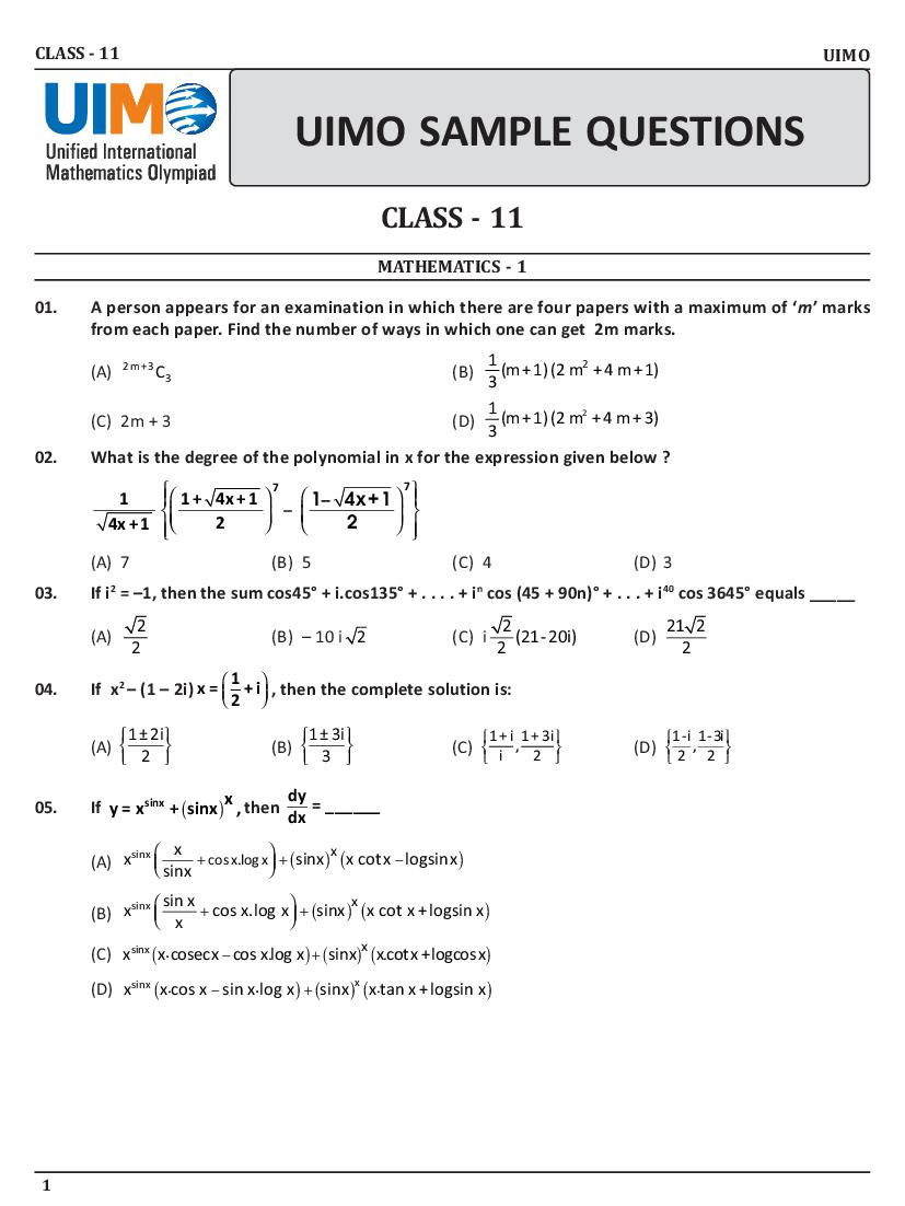 UIMO Sample Paper Class 11 - Page 1