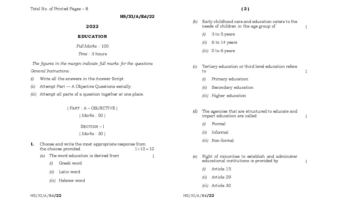 MBOSE Class 11 Question Paper 2022 for Education - Page 1