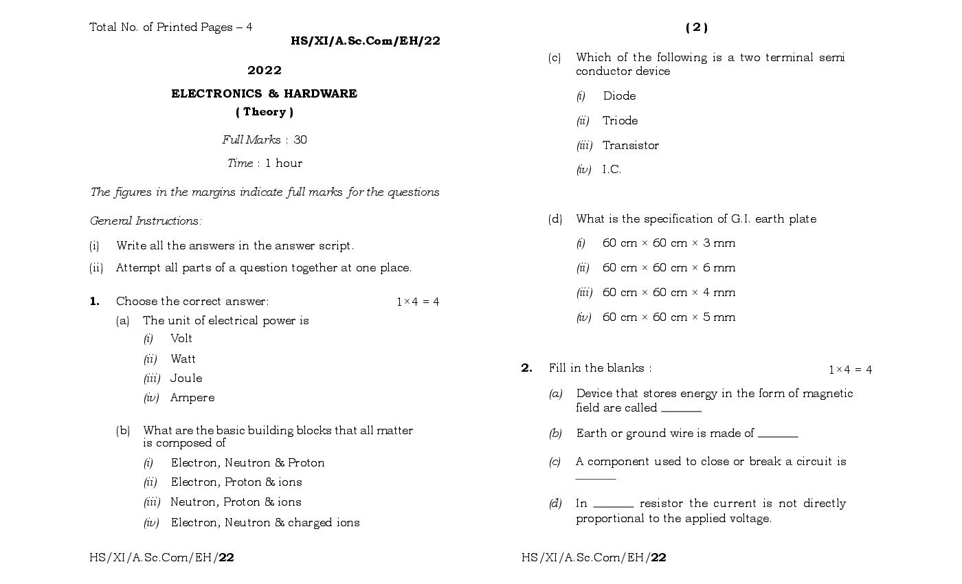 MBOSE Class 11 Question Paper 2022 for Electronics & Hardware - Page 1