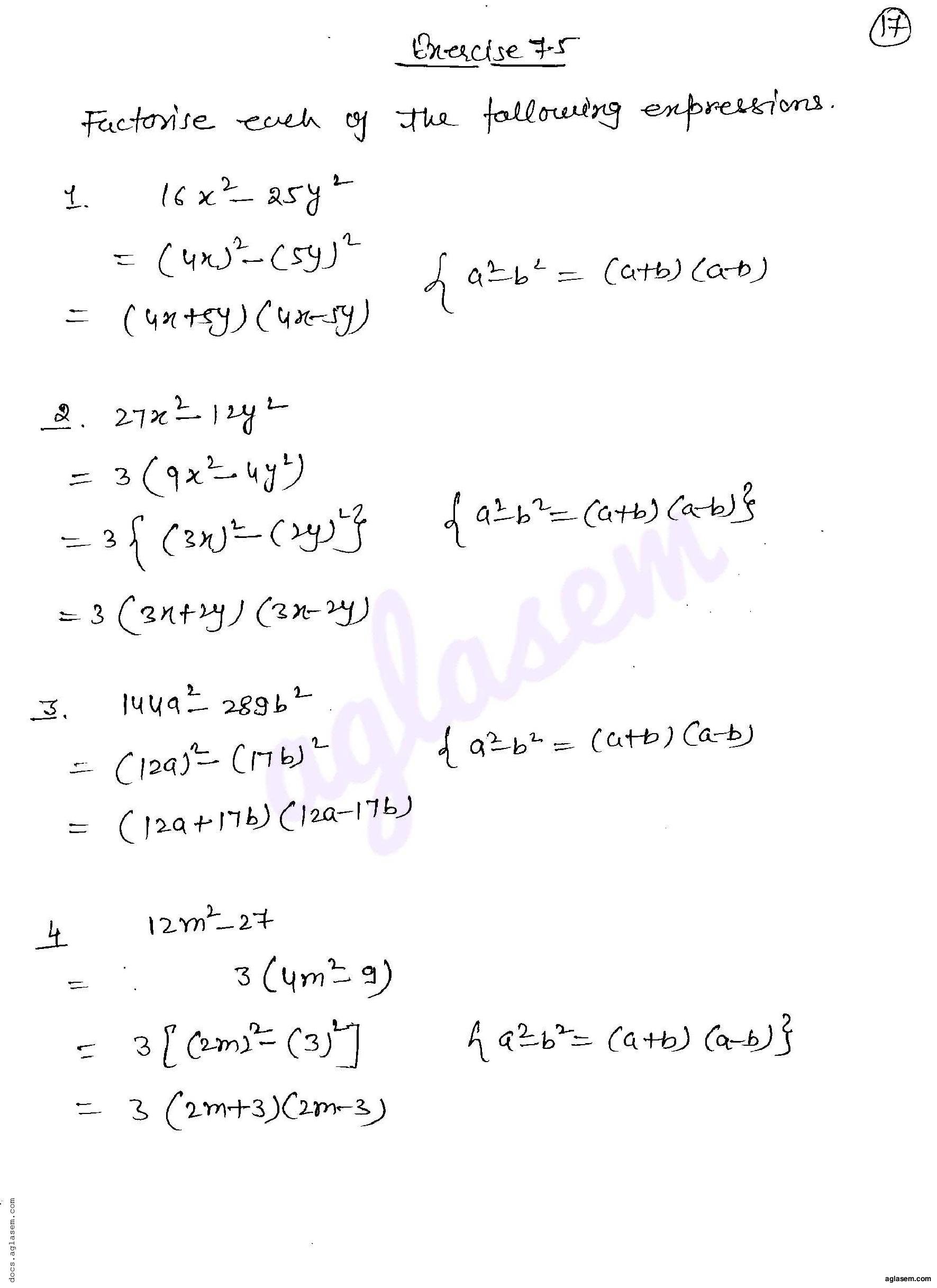 RD Sharma Solutions Class 8 Chapter 7 Factorization Exercise 7.5 - Page 1