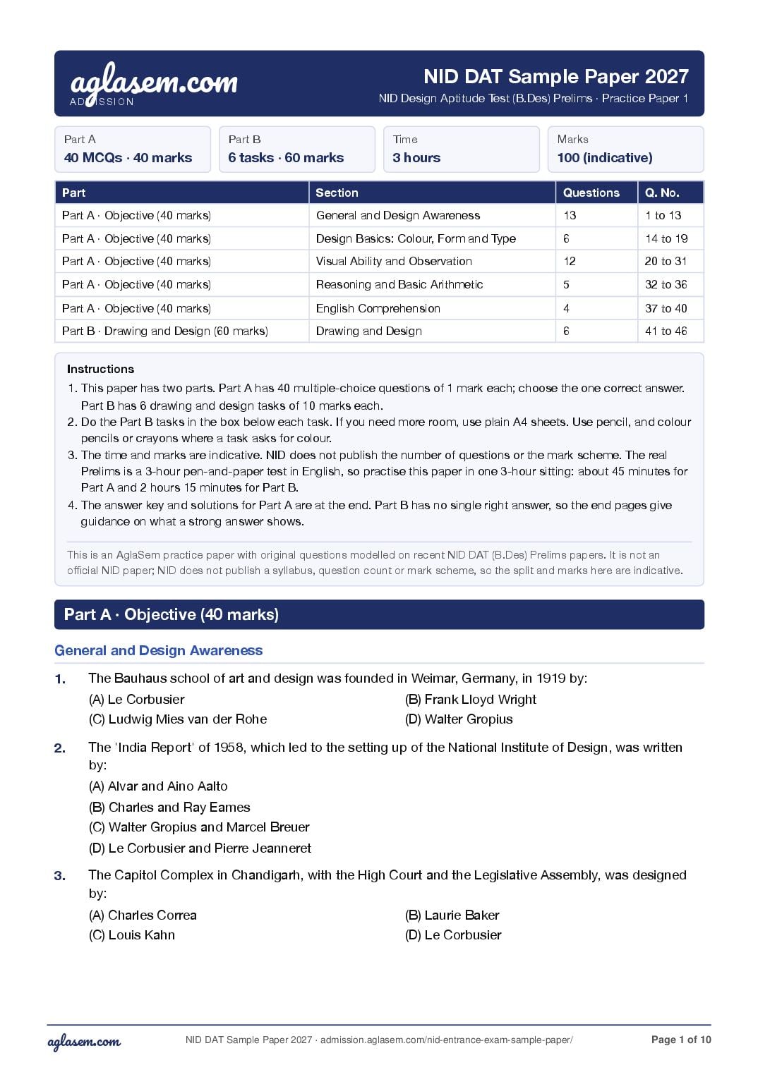 NID DAT 2027 Sample Paper B.Des Prelims - Page 1 of 10