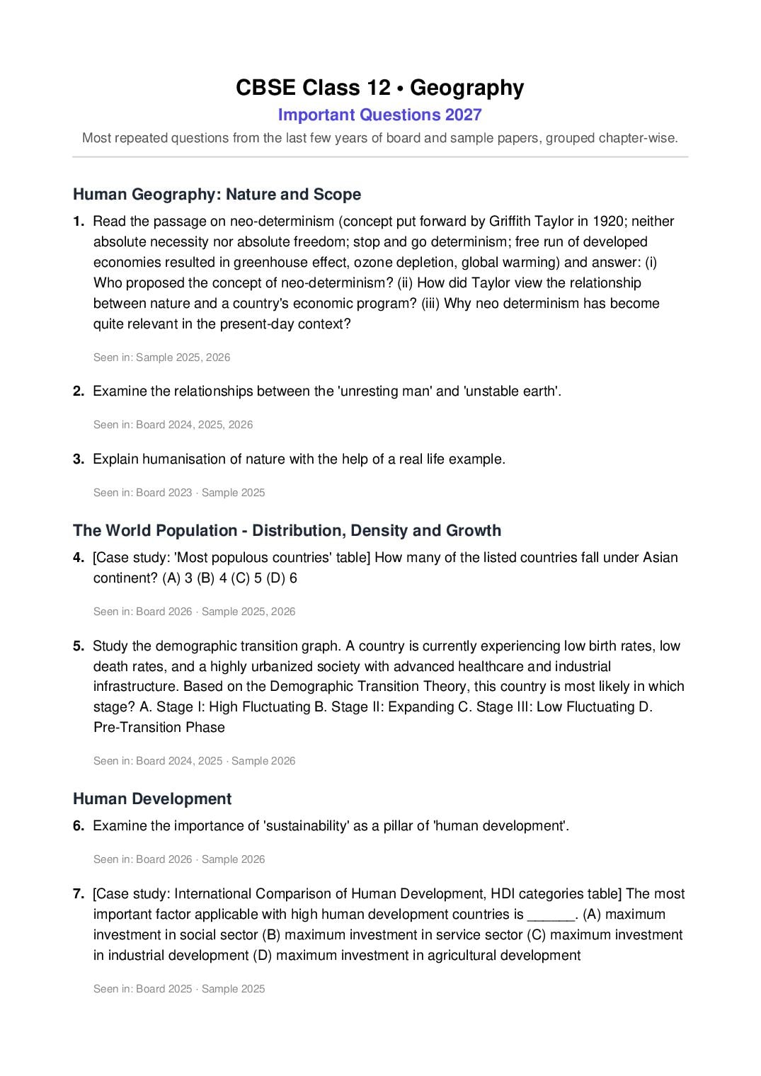 CBSE Class 12 Important Questions 2027 Geography - Page 1 of 7