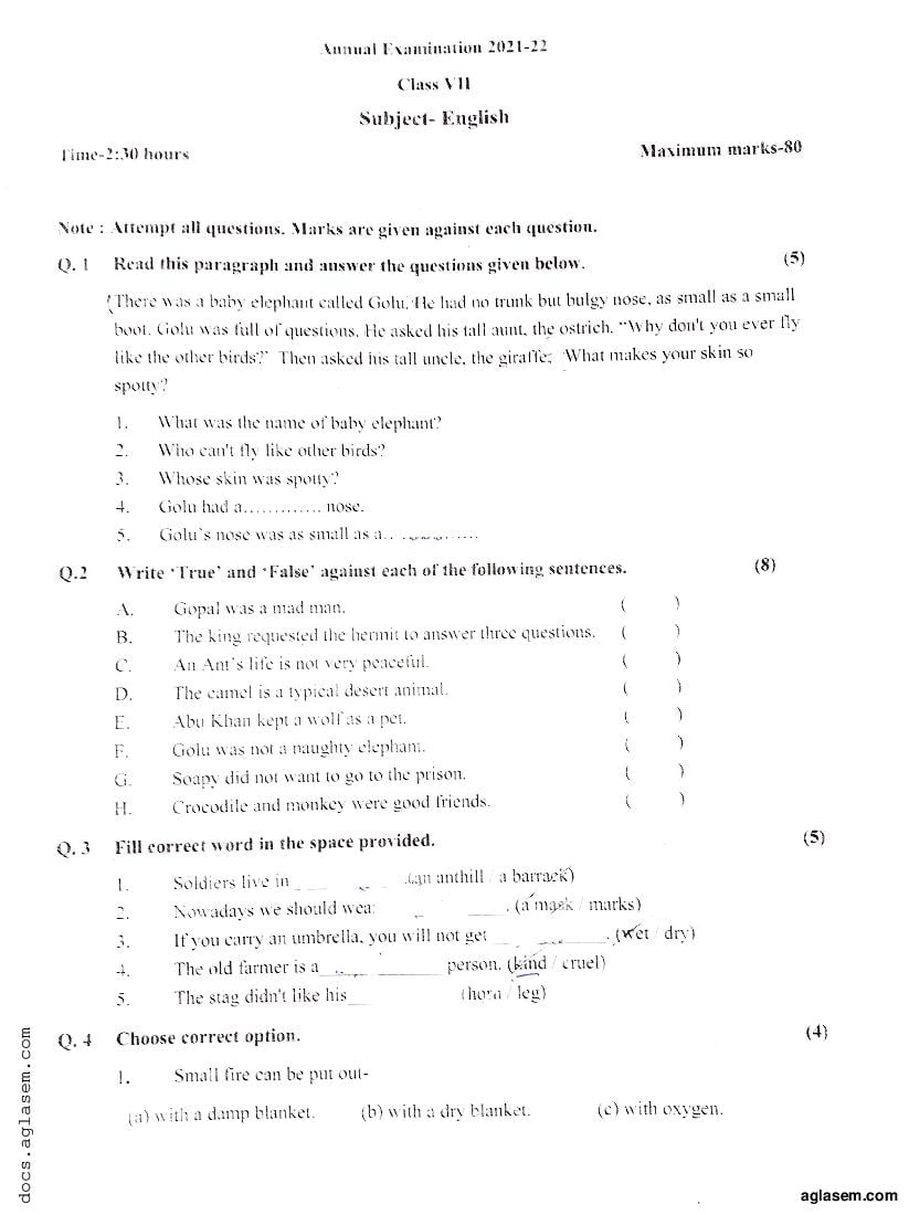 Uttarakhand Board Class 7 Question Paper 2022 English - Page 1