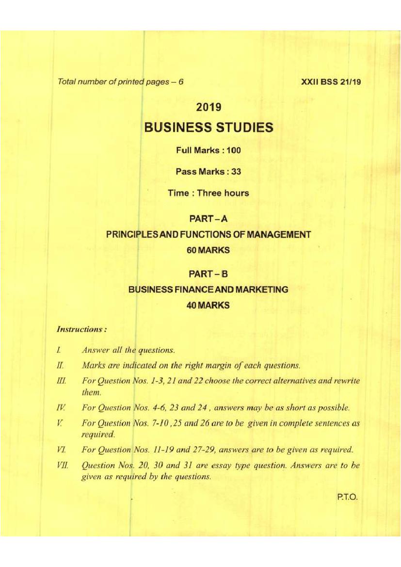 Manipur Board Class 12 Question Paper 2019 for Business Studies - Page 1