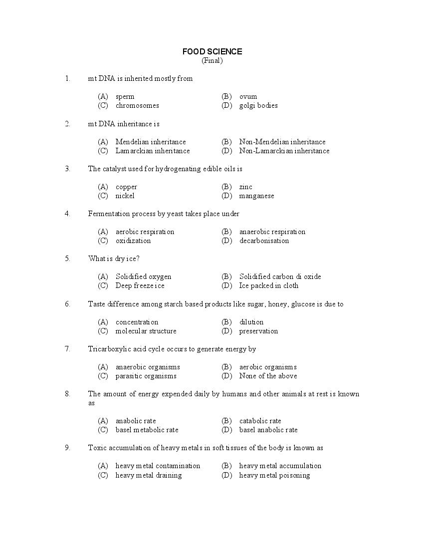 CUSAT CAT 2017 Question Paper Food Science - Page 1