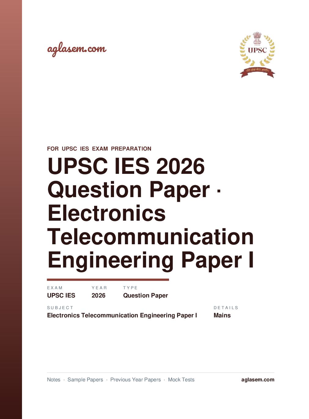 UPSC IES 2026 (Mains) Question Paper for Electronics and Telecommunication Engineering Paper I - Page 1 of 13