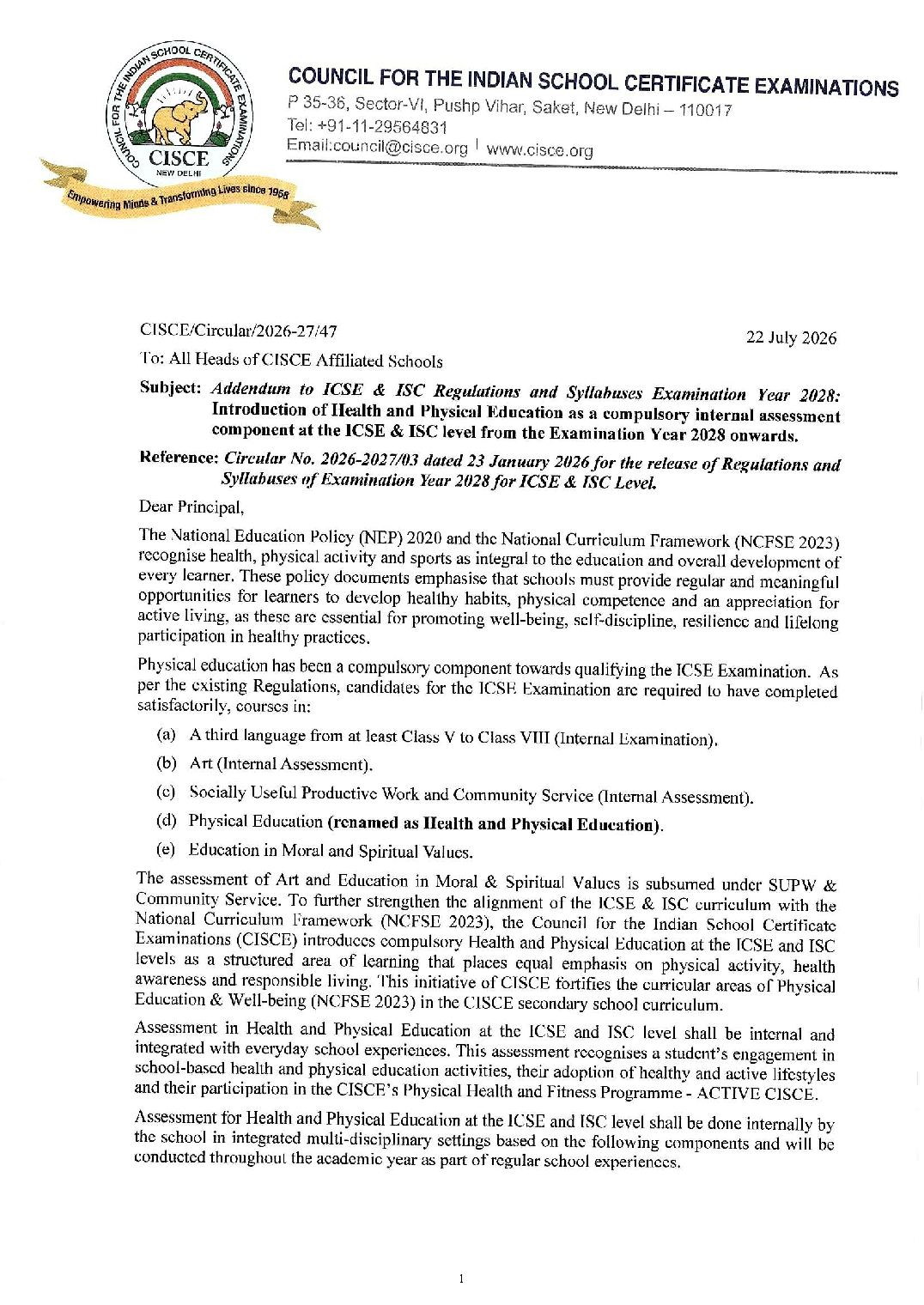 ICSE Class 10 Syllabus 2028 Health and Physical Education (Circular with Annexures) - Page 1 of 18