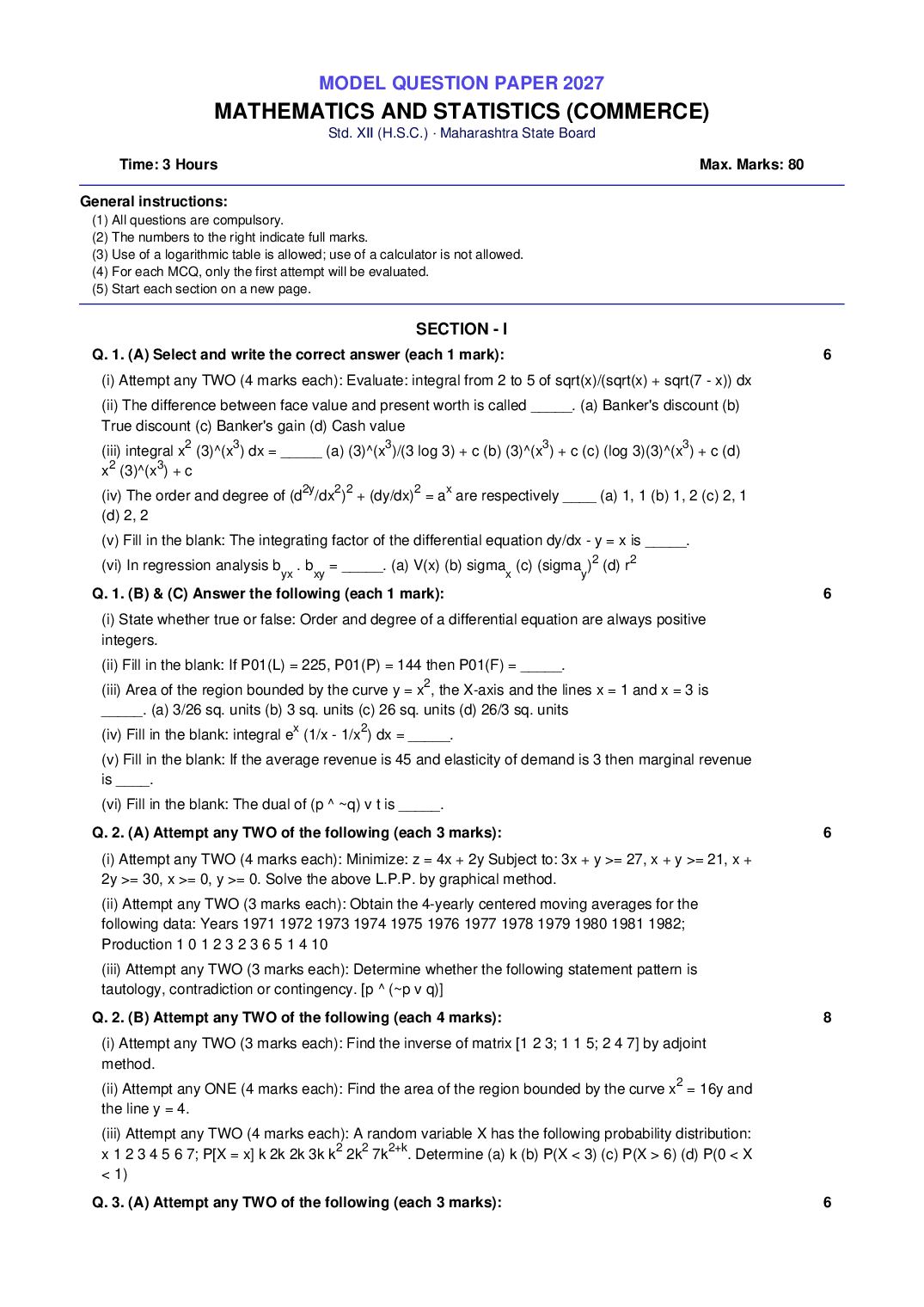 Maharashtra 12th Std Model Question Paper 2027 Mathematics and Statistics (Commerce) - Page 1 of 3