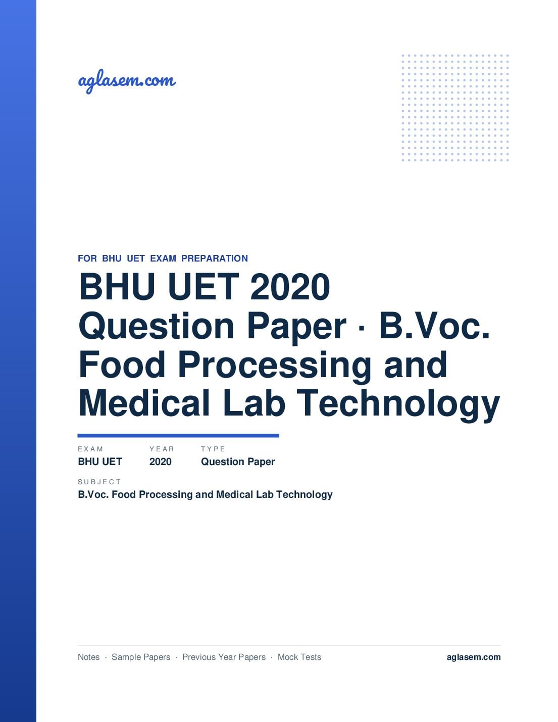 BHU UET 2020 Question Paper B.Voc. Food Processing and Medical Lab Technology - Page 1 of 104