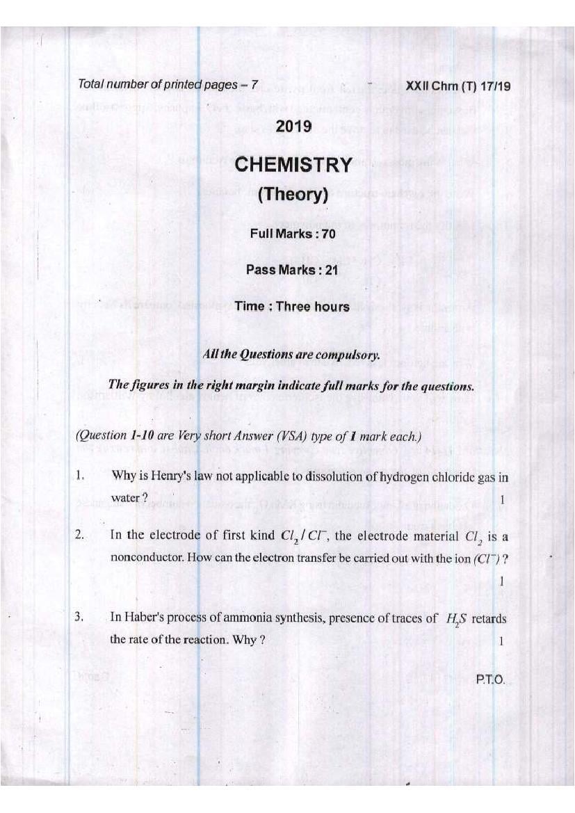 Manipur Board Class 12 Question Paper 2019 for Chemistry - Page 1