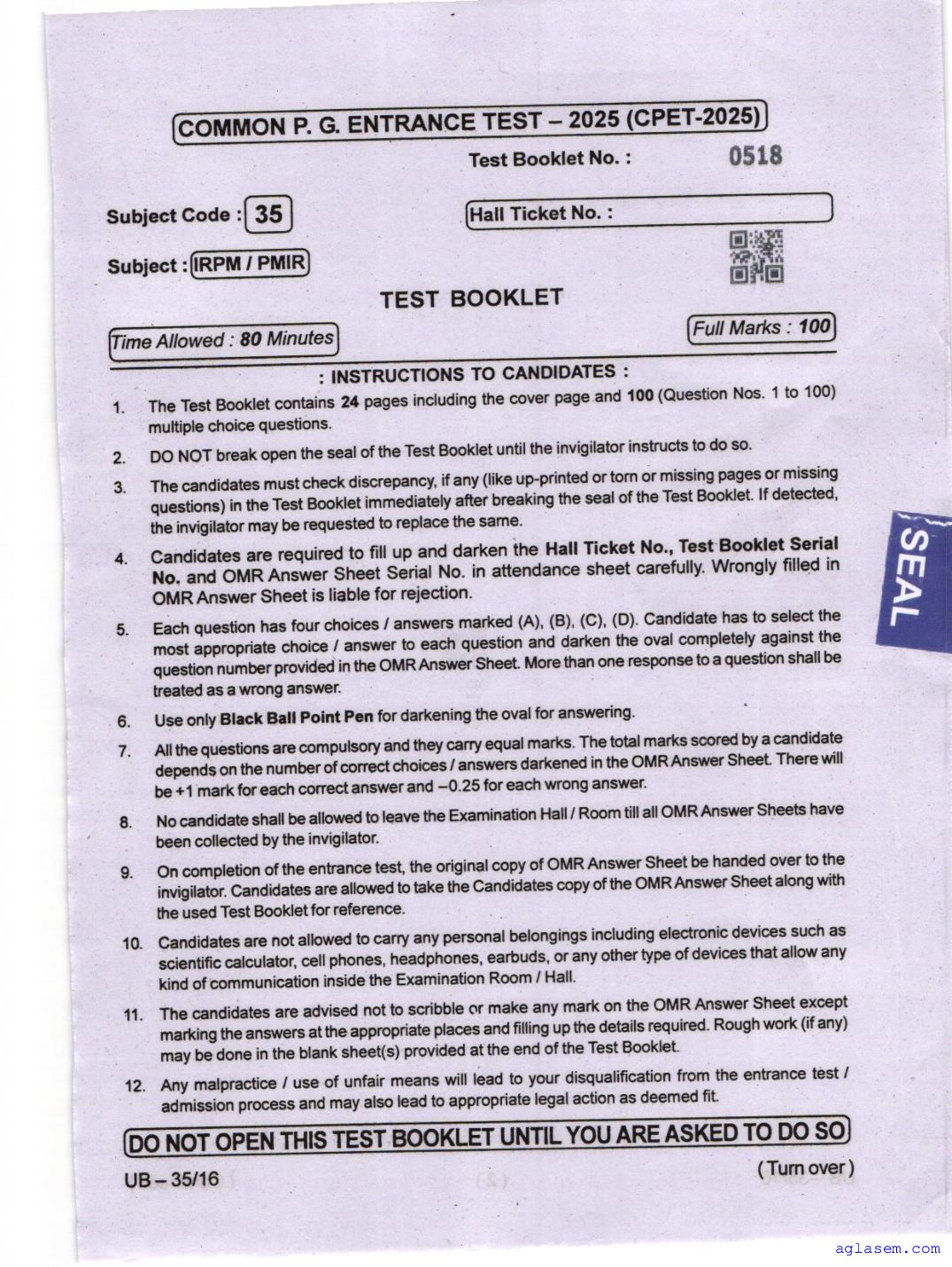 Odisha CPET 2025 Question Paper IRPM PMIR - Page 1 of 24