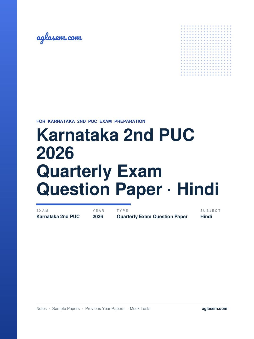 Karnataka 2nd PUC Quarterly Exam Question Paper 2026 Hindi - Page 1 of 3