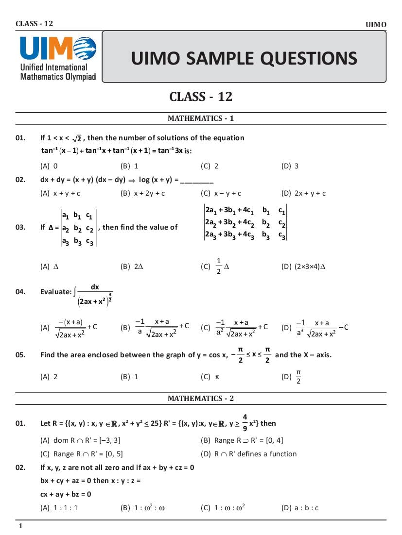 UIMO Sample Paper 2023 Class 12 - Page 1