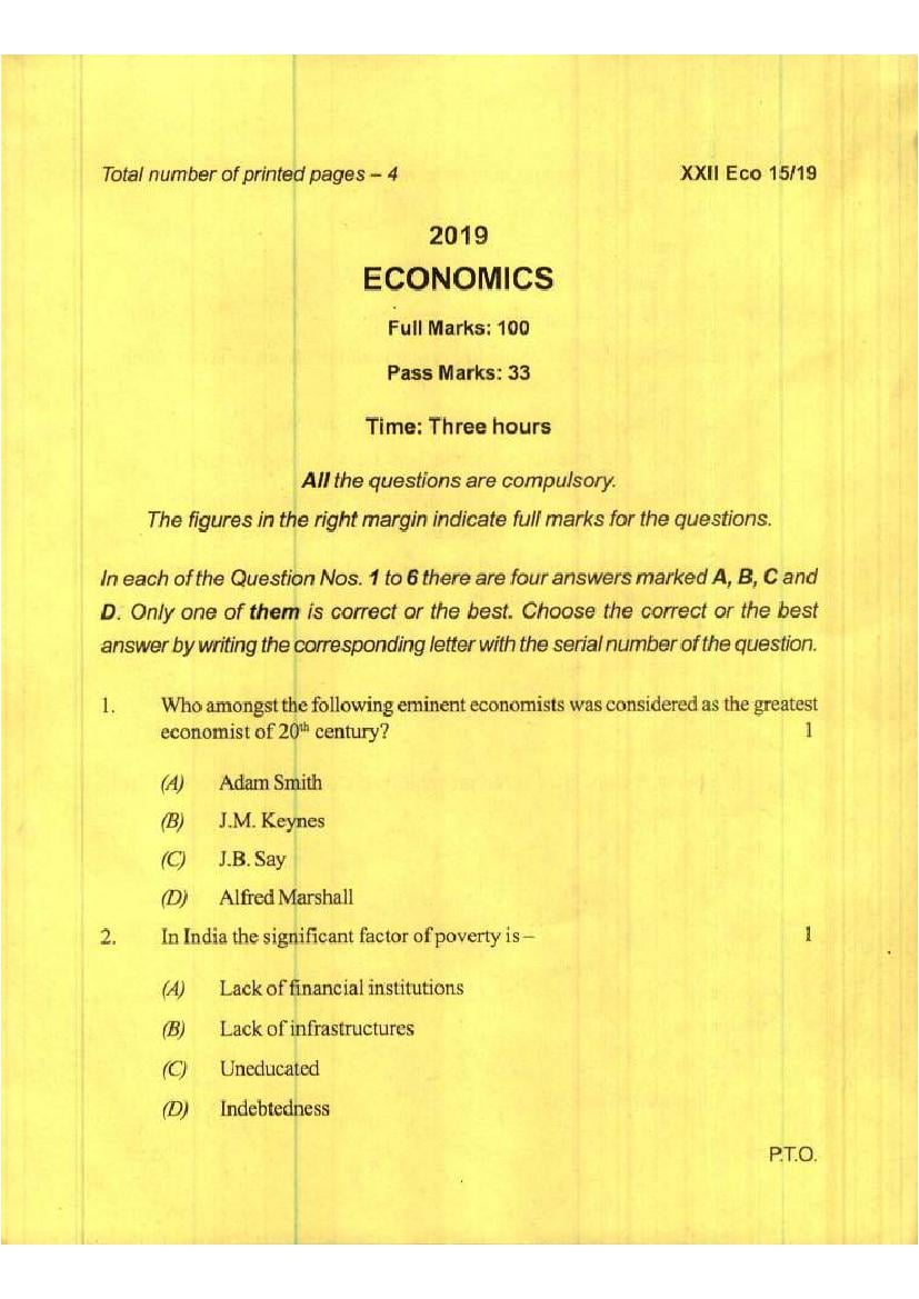 Manipur Board Class 12 Question Paper 2019 for Economics - Page 1
