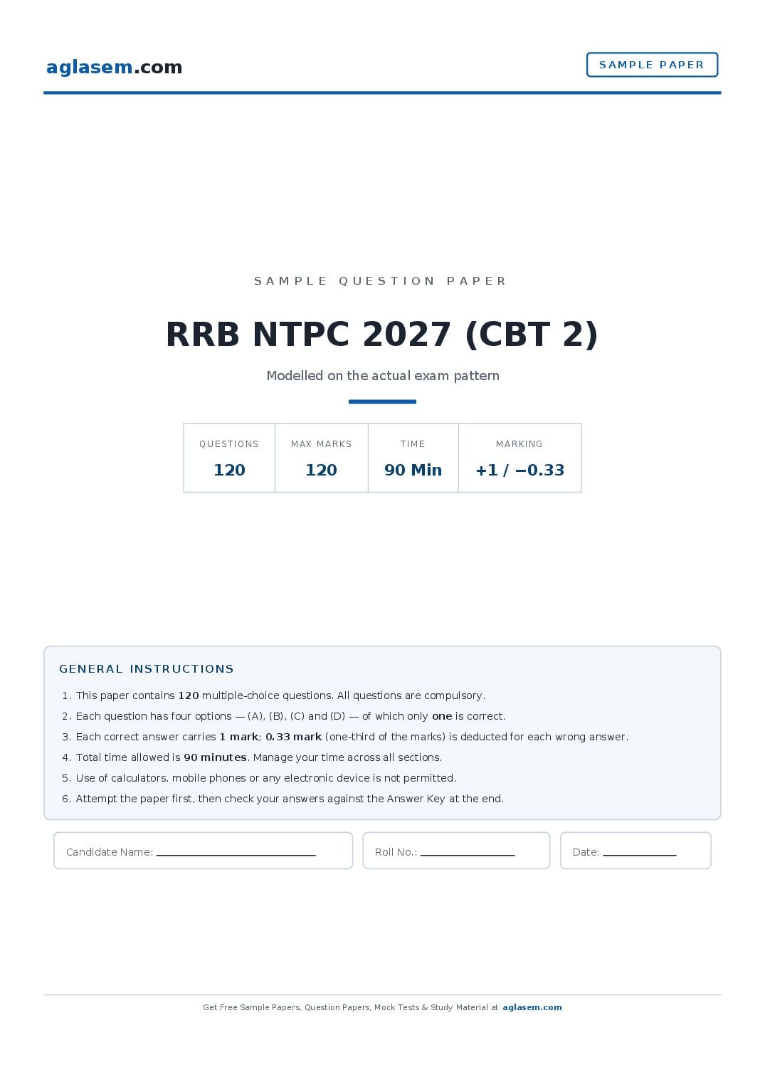 RRB NTPC 2027 Sample Paper (CBT 2) - Page 1 of 17