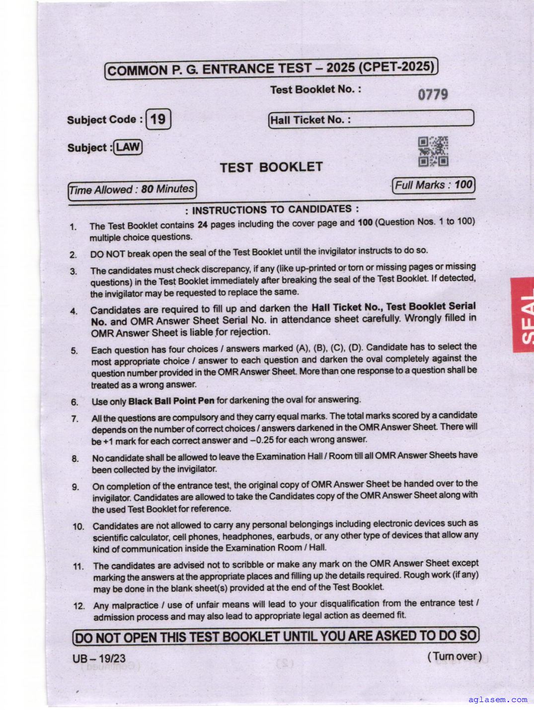 Odisha CPET 2025 Question Paper Law - Page 1 of 24