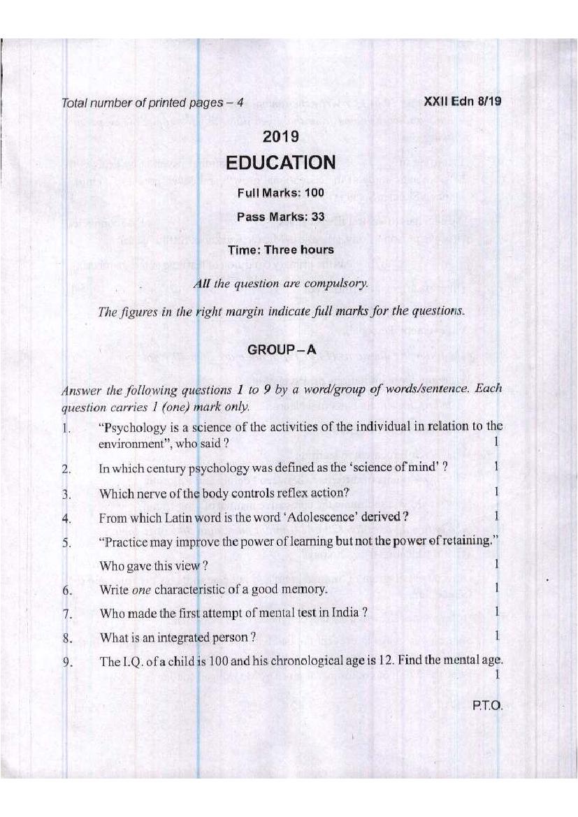 Manipur Board Class 12 Question Paper 2019 for Education - Page 1