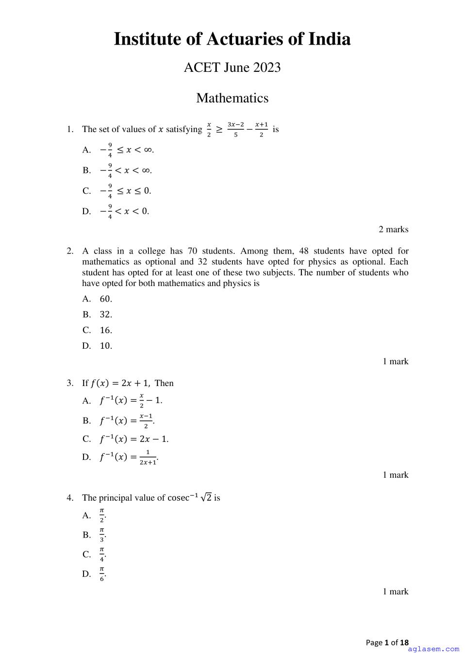 ACET Jun 2023 Question Paper - Page 1 of 18