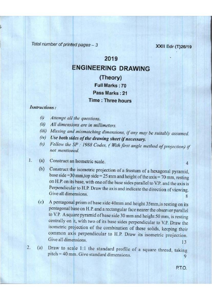 Manipur Board Class 12 Question Paper 2019 for Engineering Drawing - Page 1