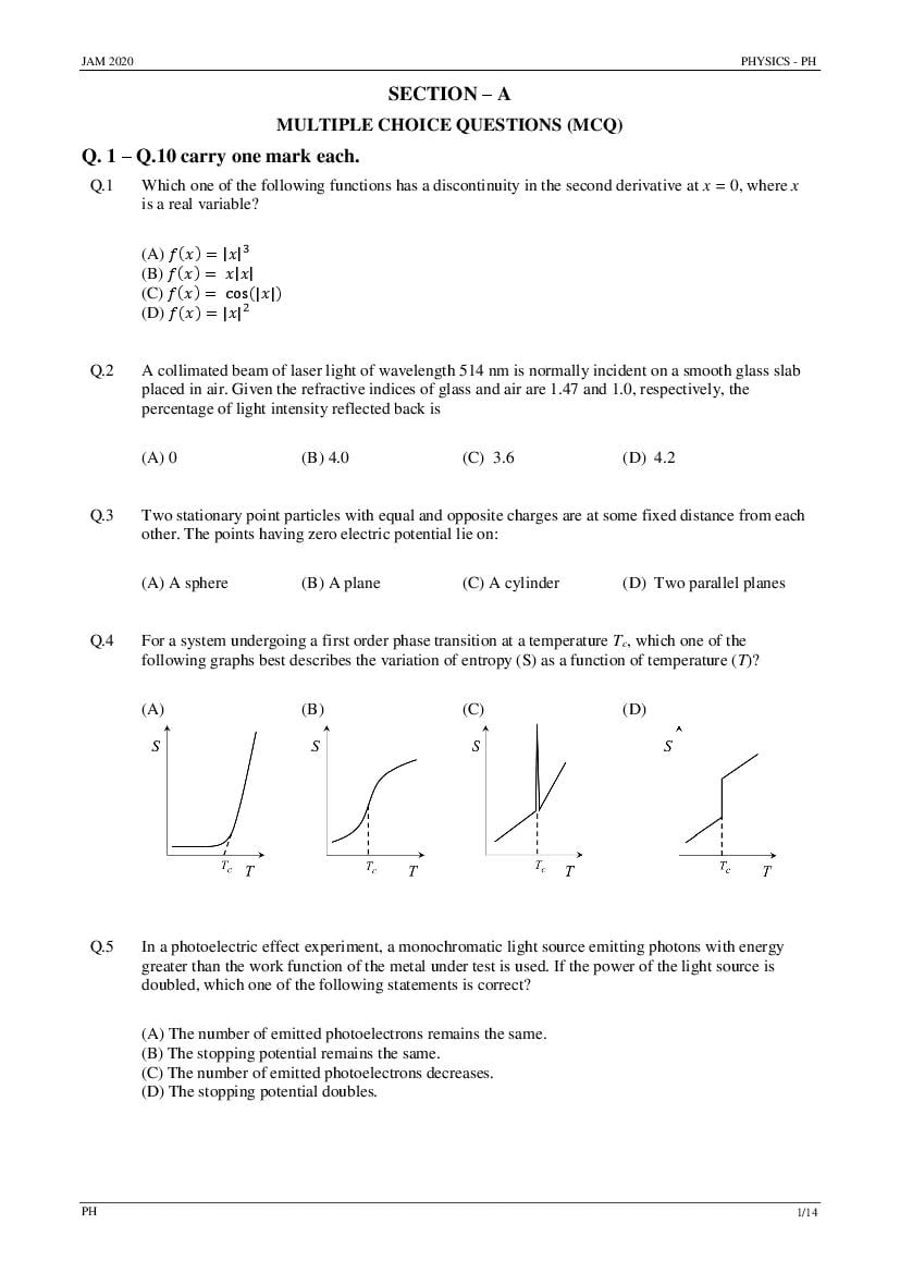 IIT JAM 2020 Question Paper Physics (PH) - Page 1