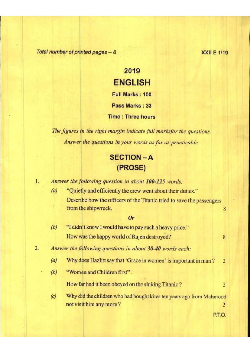 Manipur Board Class 12 Question Paper 2019 for English - Page 1
