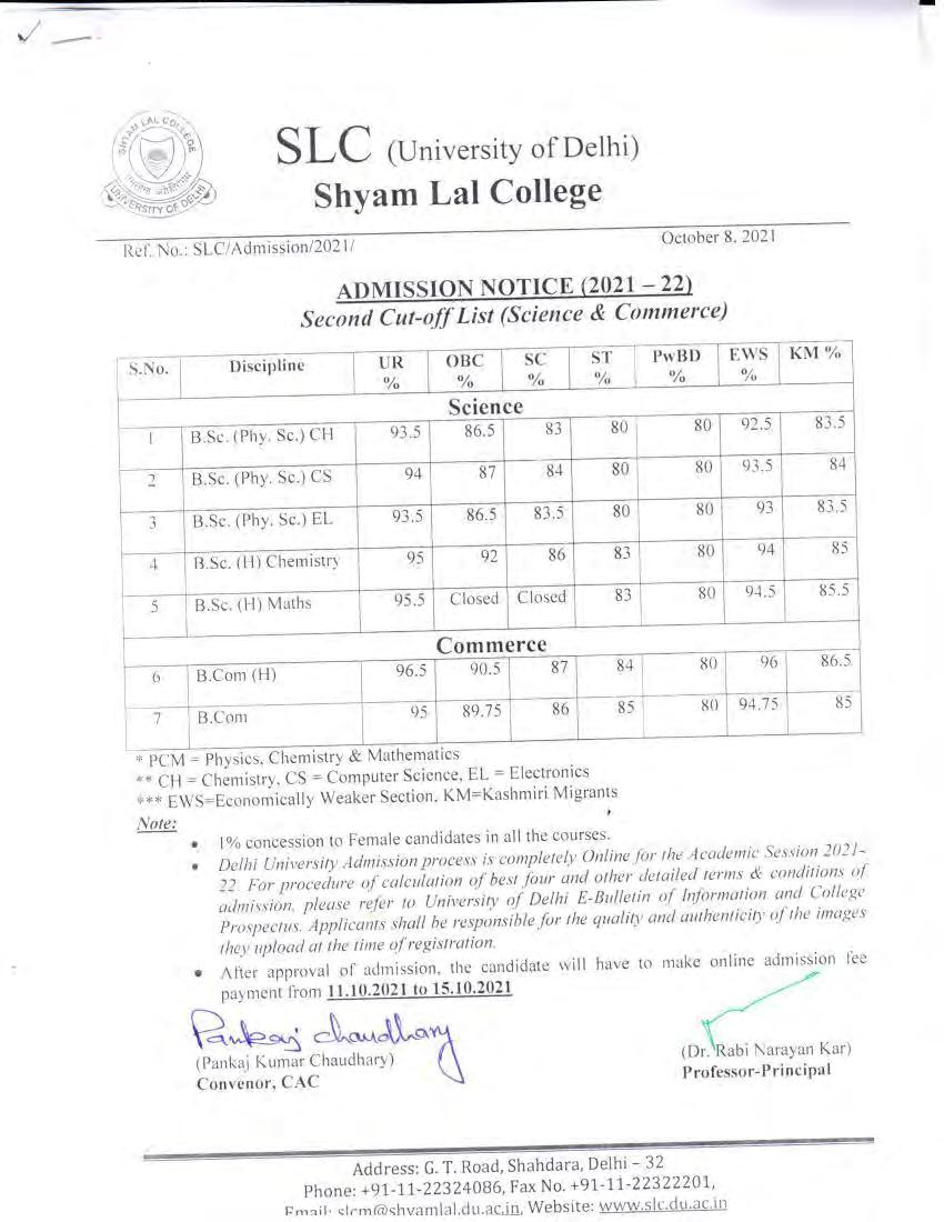 Shyam Lal College Second Cut Off List 2021 - Page 1