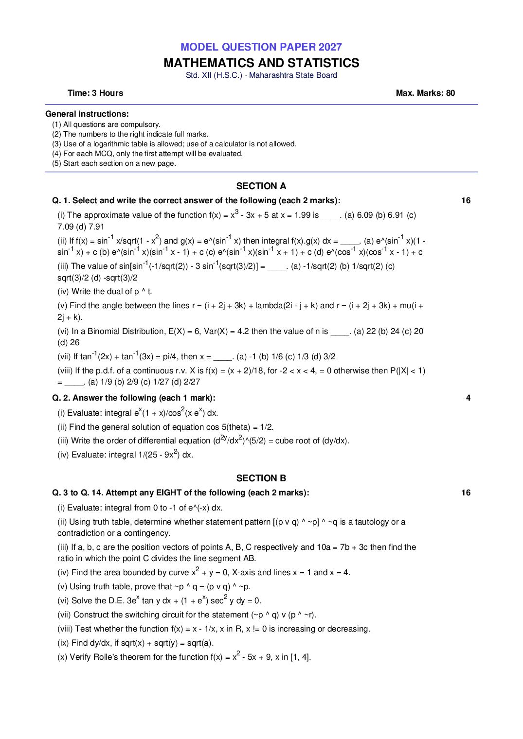 Maharashtra 12th Std Model Question Paper 2027 Mathematics and Statistics - Page 1 of 2