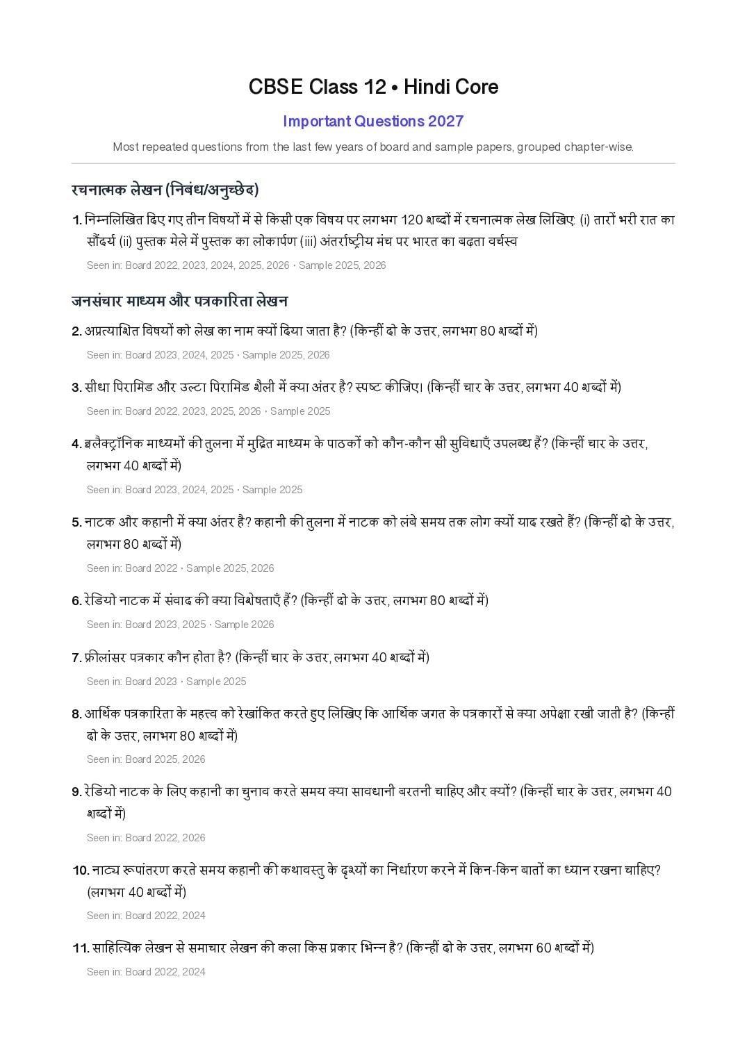 CBSE Class 12 Important Questions 2027 Hindi Core - Page 1 of 5